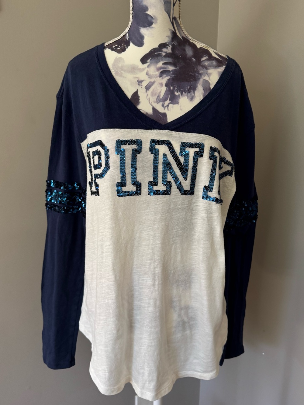 PINK Victoria's Secret Navy & White Sequin Logo Long Sleeve Tee